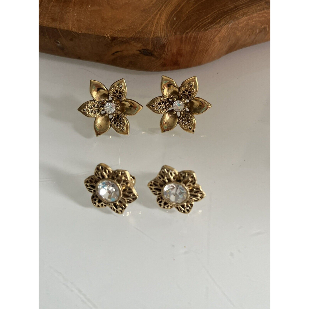 Vintage Flower Clip On Earrings Two Pairs of Gold Tone Rhinestone Costume